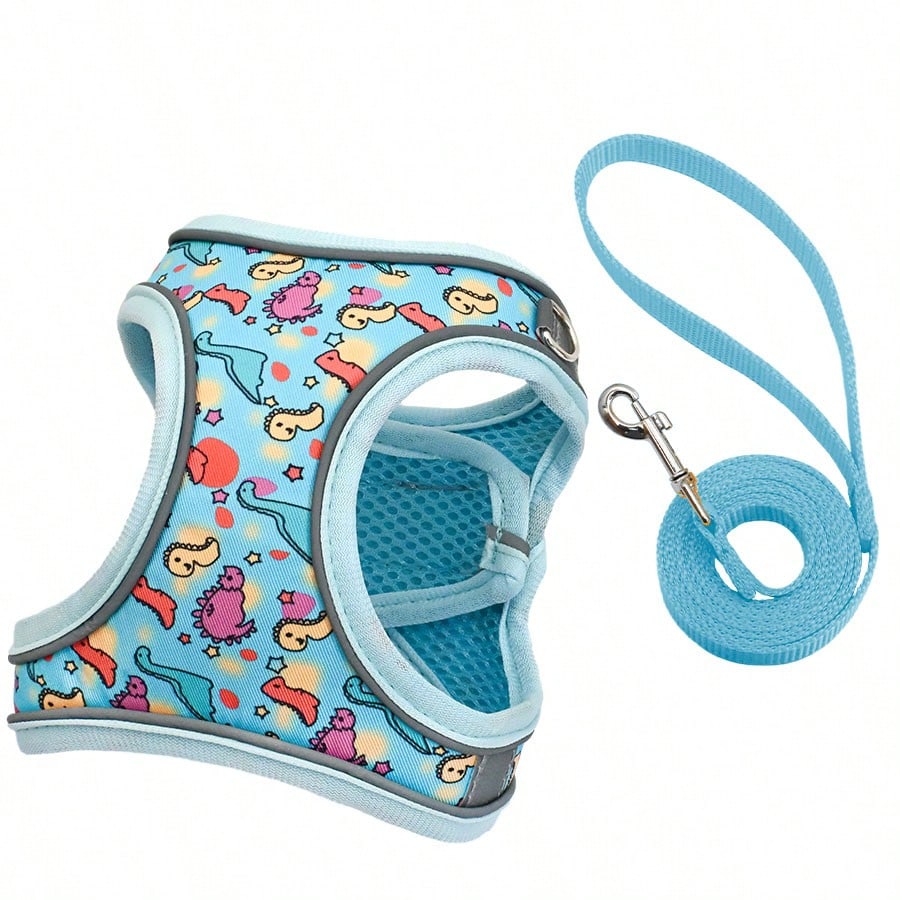 Dog Harness And Leash Set Features A Breathable Honeycomb Mesh Design To Prevent Overheating And Sweating. Reflective Strips Enhance Safety During Nighttime Walks, And The Anti-Escape Design, Combined With Cute Prints, Perfect Choice For Daily Walks With