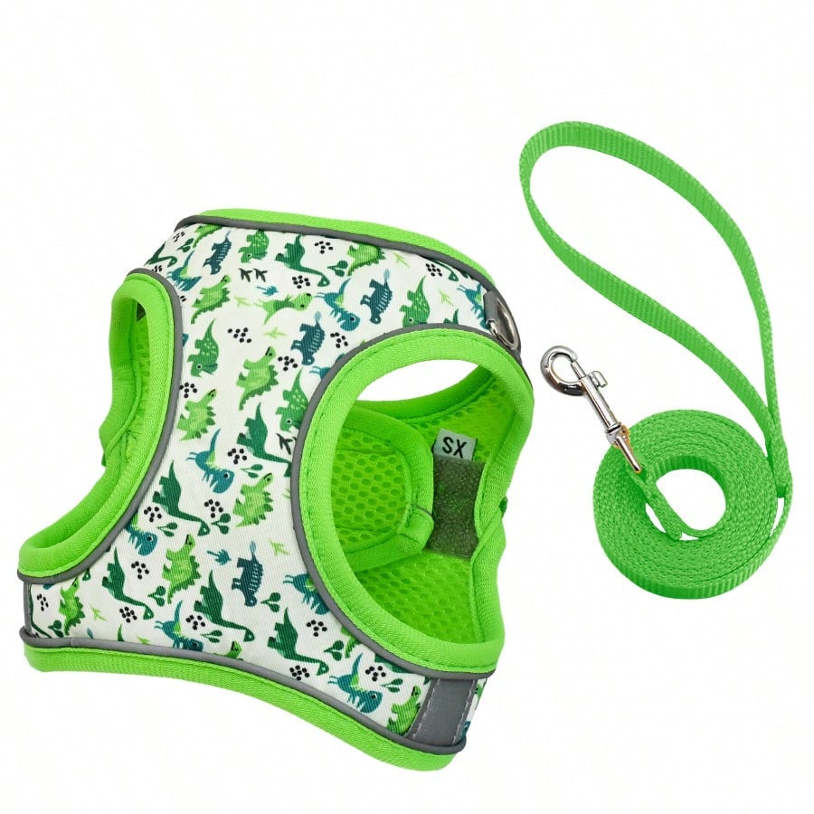 Dog Harness And Leash Set Features A Breathable Honeycomb Mesh Design To Prevent Overheating And Sweating. Reflective Strips Enhance Safety During Nighttime Walks, And The Anti-Escape Design, Combined With Cute Prints, Perfect Choice For Daily Walks With