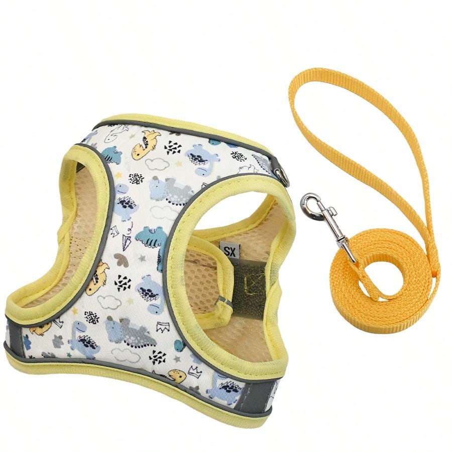 Dog Harness And Leash Set Features A Breathable Honeycomb Mesh Design To Prevent Overheating And Sweating. Reflective Strips Enhance Safety During Nighttime Walks, And The Anti-Escape Design, Combined With Cute Prints, Perfect Choice For Daily Walks With