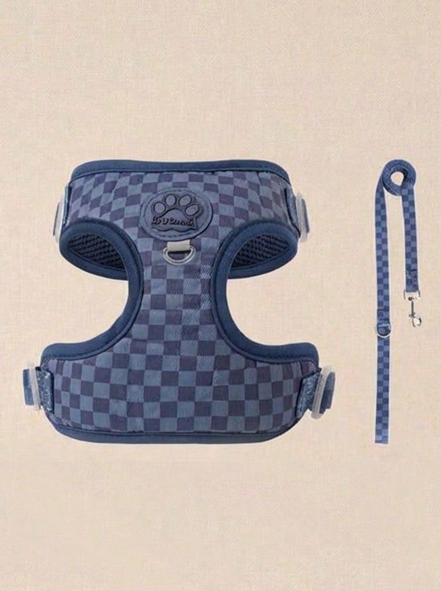 Navy blue checkered dog harness and leash set made from polyester with breathable mesh, adjustable fit, back circular ring, and matching leash for cats or small dogs.