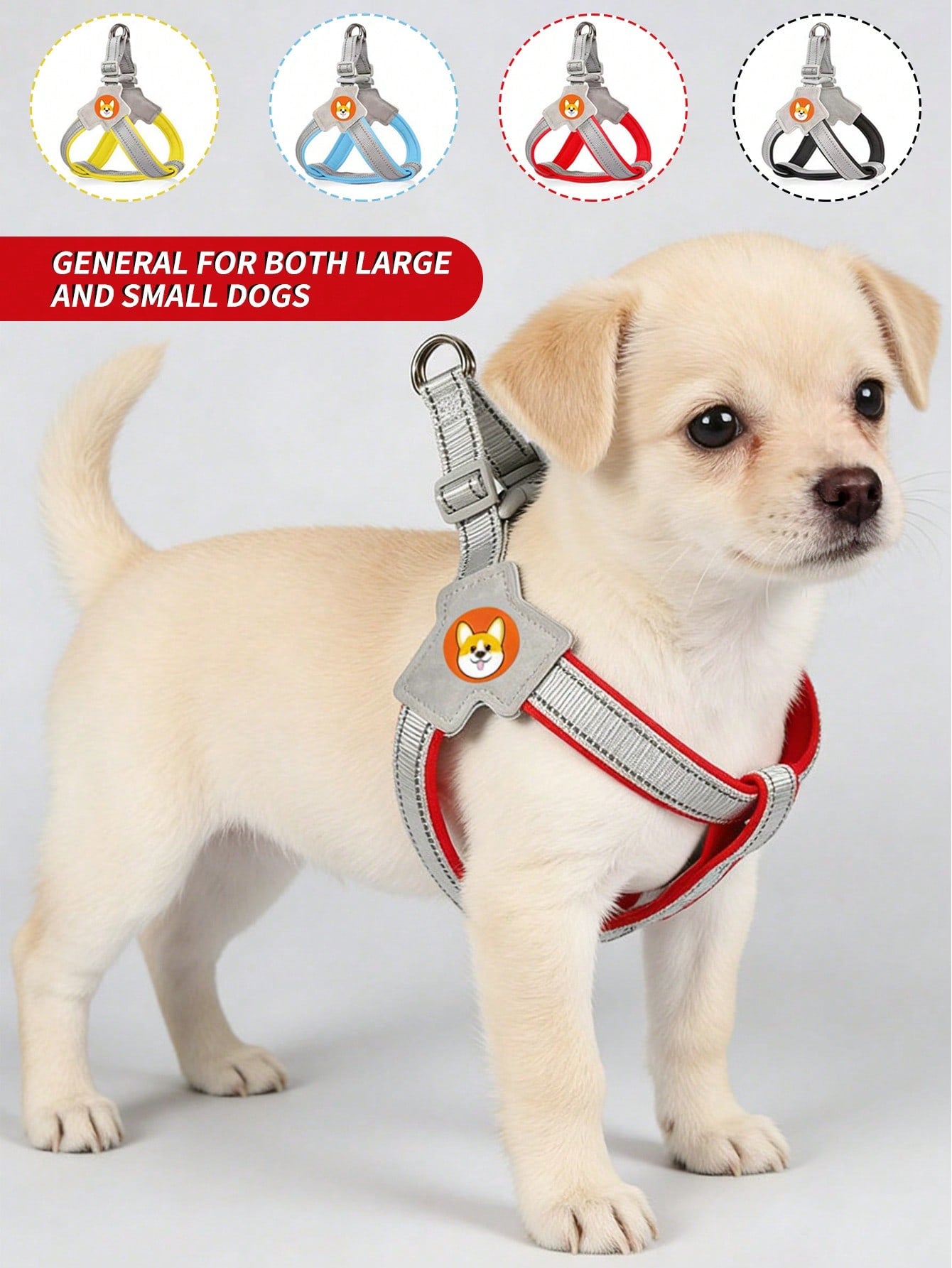 Multicolor nylon breathable mesh dog harness with Y-shaped design, dual D-rings, reflective strips, and Christmas pattern for outdoor walking and training.