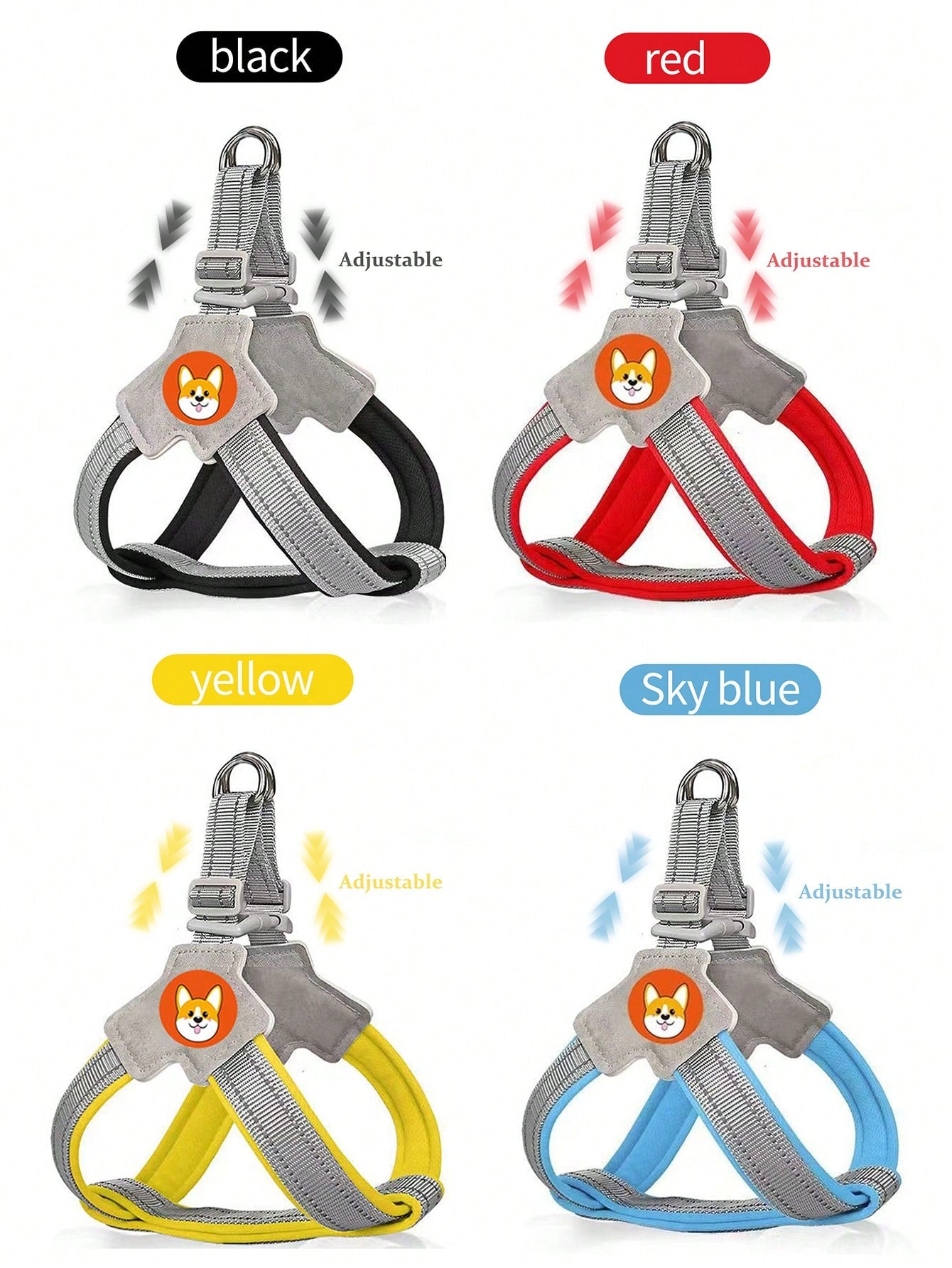 Multicolor nylon breathable mesh dog harness with Y-shaped design, dual D-rings, reflective strips, and Christmas pattern for outdoor walking and training.