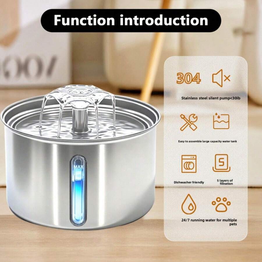3L stainless steel automatic cat water fountain with quiet USB powered drinking dispenser design for pets