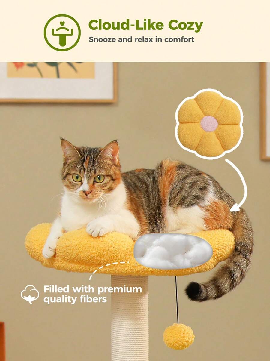 Small vintage cat tree tower for indoor cats featuring a cozy cushioned top perch, soft cat condo, natural sisal scratching posts, and a scratching ladder.
