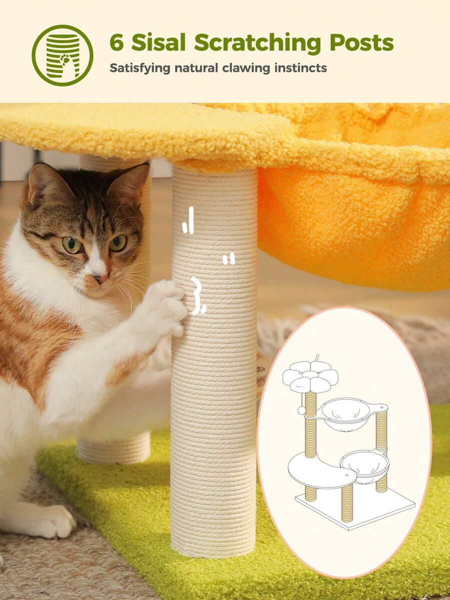 Small vintage cat tree tower for indoor cats featuring a cozy cushioned top perch, soft cat condo, natural sisal scratching posts, and a scratching ladder.