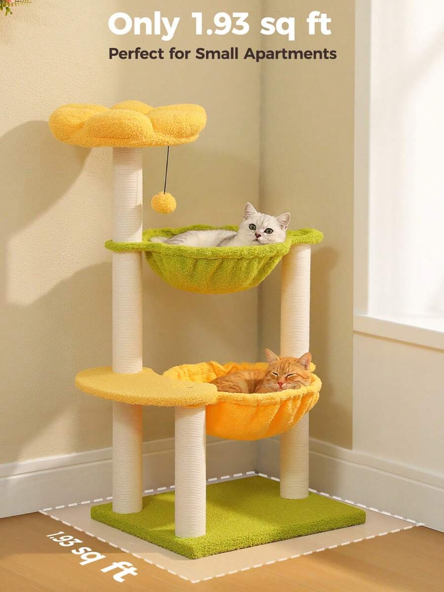 Small vintage cat tree tower for indoor cats featuring a cozy cushioned top perch, soft cat condo, natural sisal scratching posts, and a scratching ladder.