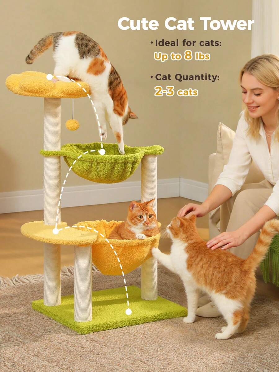 Small vintage cat tree tower for indoor cats featuring a cozy cushioned top perch, soft cat condo, natural sisal scratching posts, and a scratching ladder.