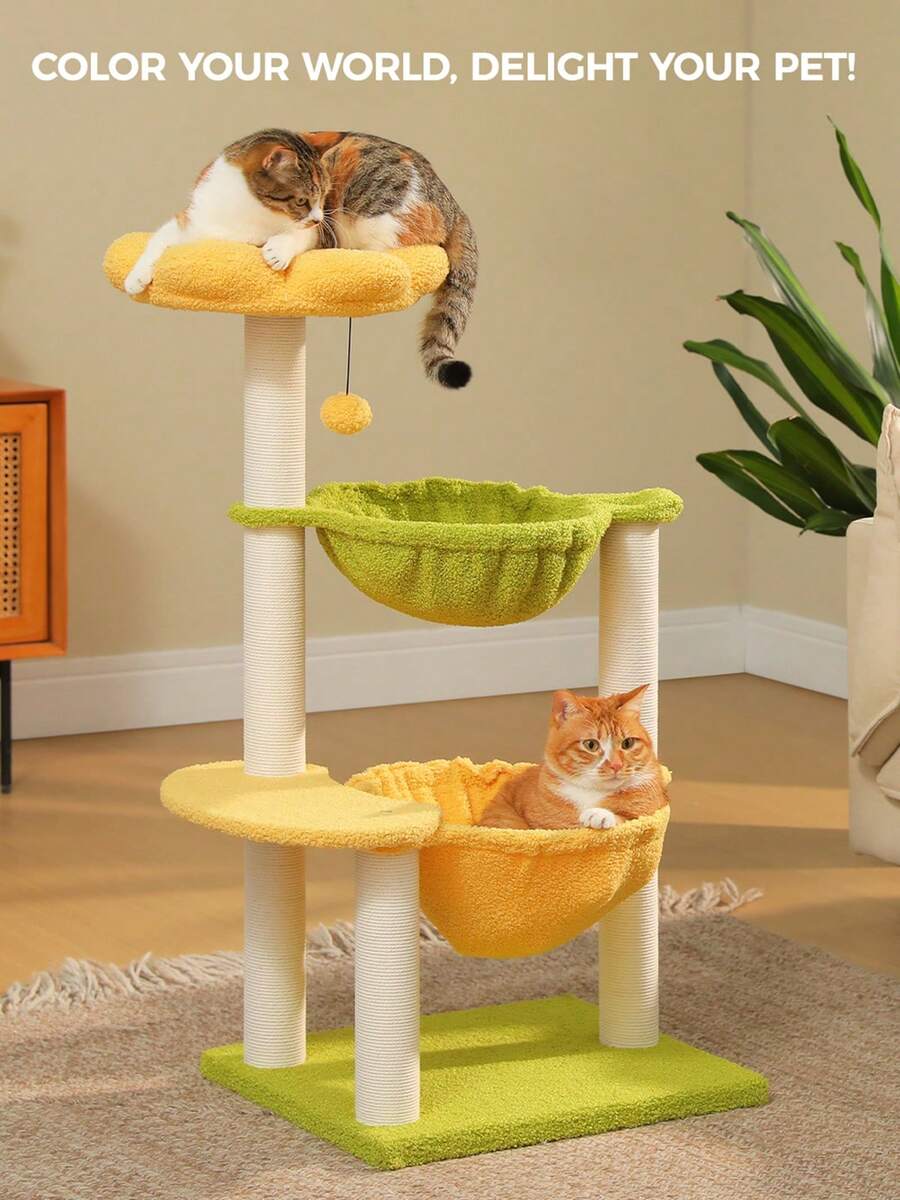 Small vintage cat tree tower for indoor cats featuring a cozy cushioned top perch, soft cat condo, natural sisal scratching posts, and a scratching ladder.