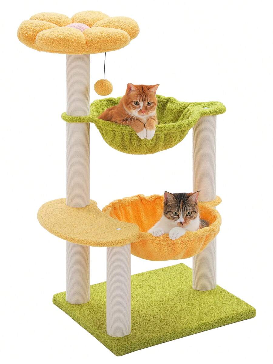 Small vintage cat tree tower for indoor cats featuring a cozy cushioned top perch, soft cat condo, natural sisal scratching posts, and a scratching ladder.