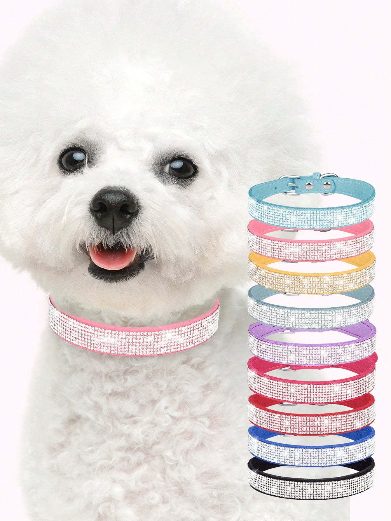 Multicolor sparkling crystal adjustable dog and cat collar made from polyurethane PU for pets with 16-46cm neck size