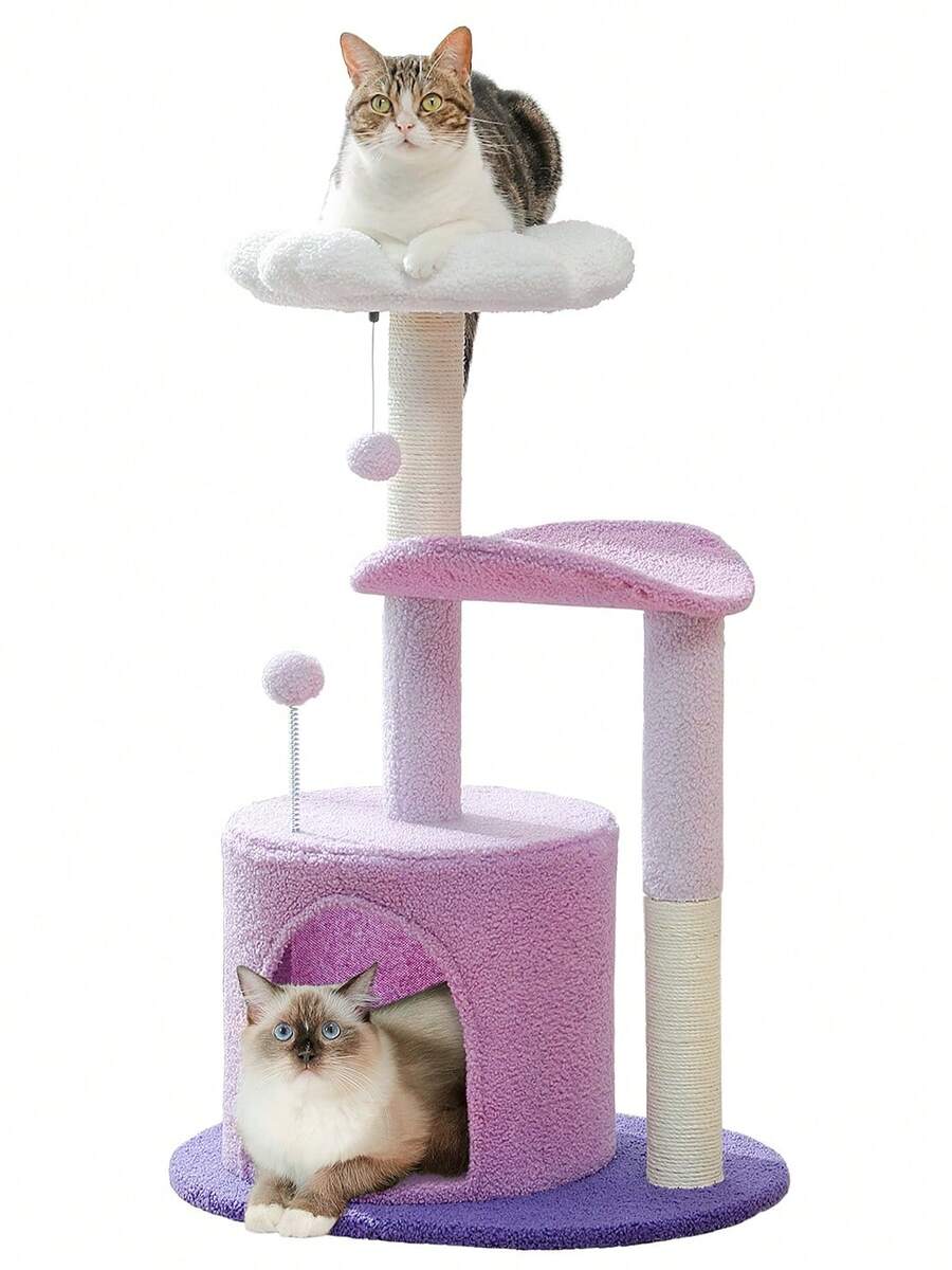 33-inch purple cat tree tower featuring a cozy cat condo, curved plush perch, natural sisal scratching post, and dangling toy ball for small cats.
