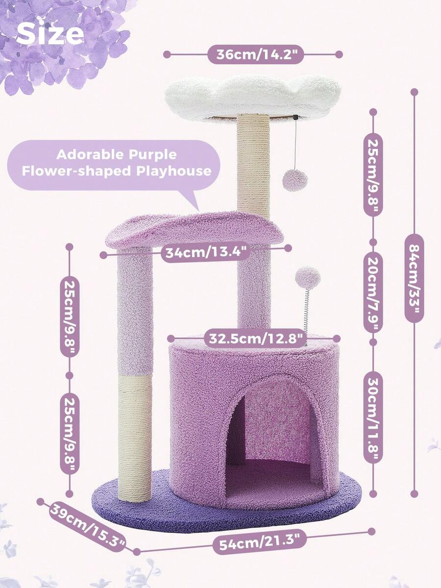 33-inch purple cat tree tower featuring a cozy cat condo, curved plush perch, natural sisal scratching post, and dangling toy ball for small cats.