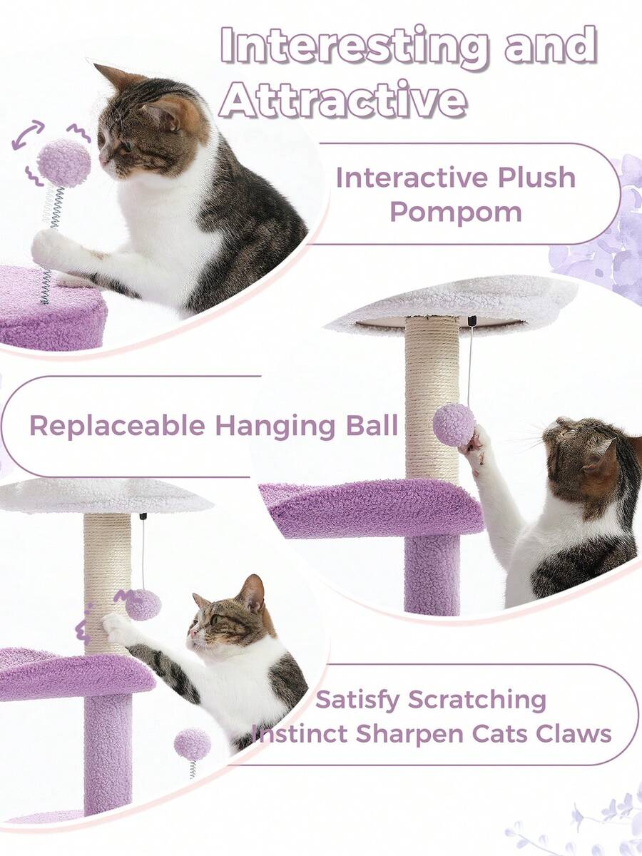 33-inch purple cat tree tower featuring a cozy cat condo, curved plush perch, natural sisal scratching post, and dangling toy ball for small cats.