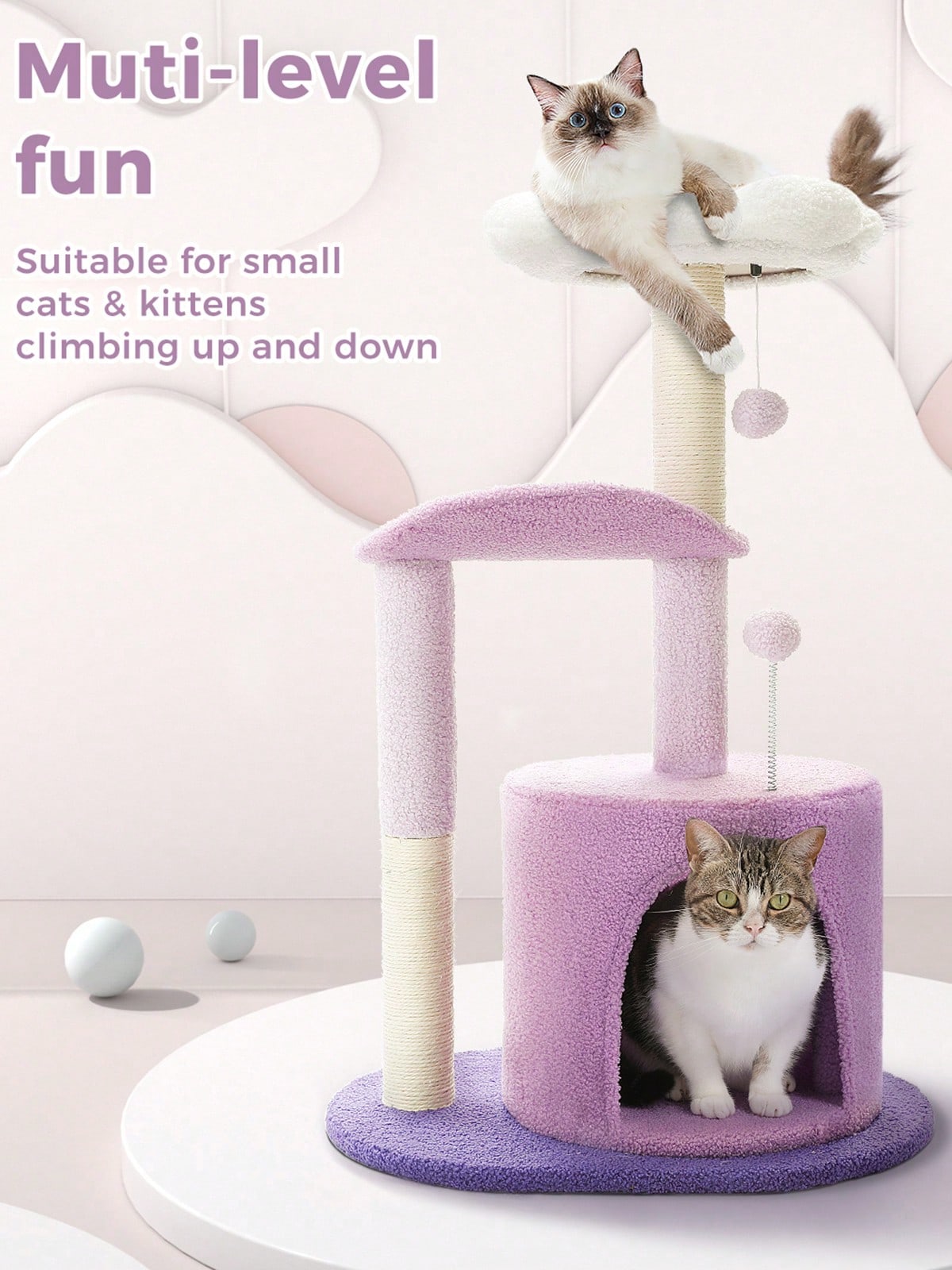 33-inch purple cat tree tower featuring a cozy cat condo, curved plush perch, natural sisal scratching post, and dangling toy ball for small cats.
