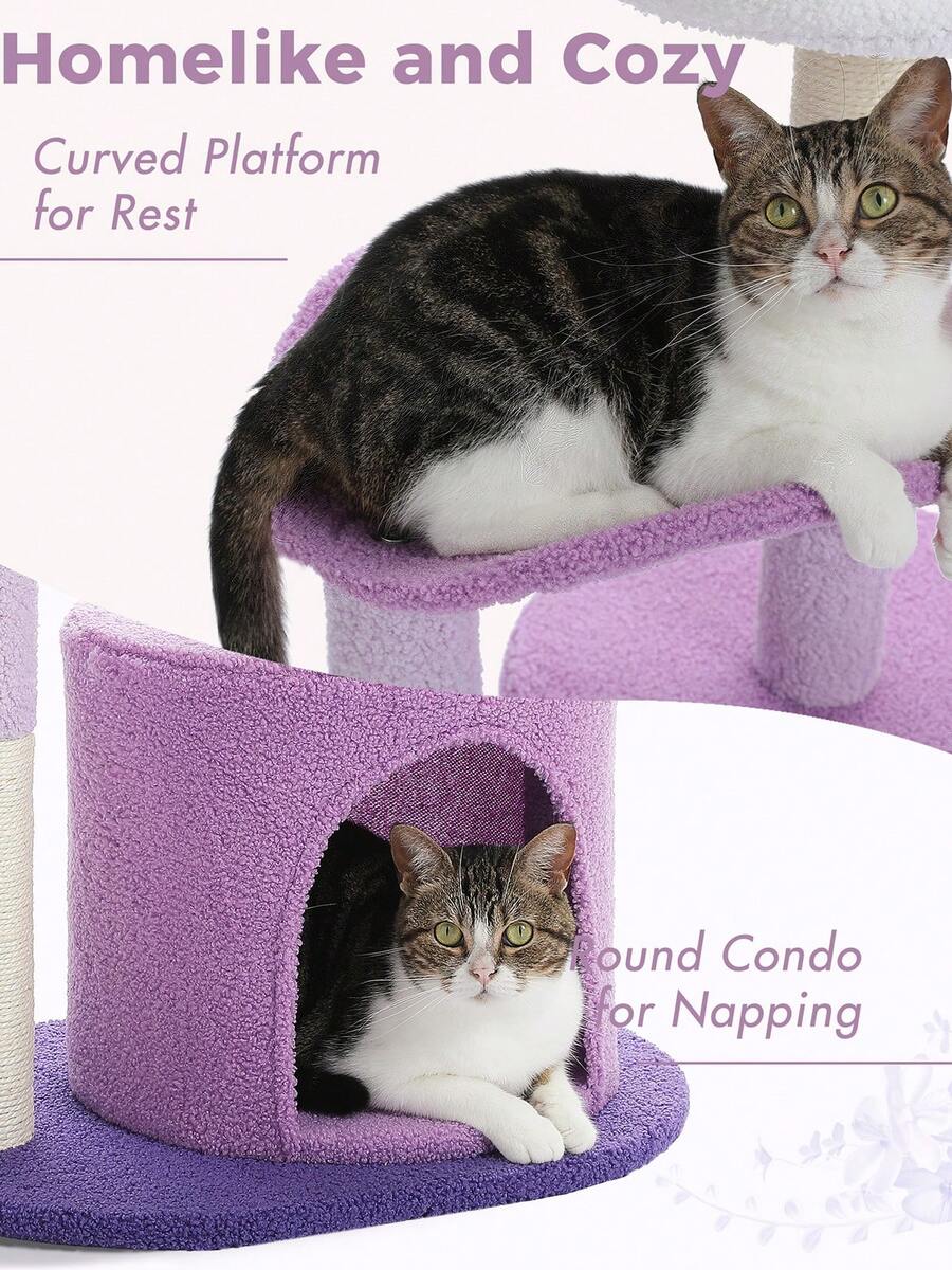33-inch purple cat tree tower featuring a cozy cat condo, curved plush perch, natural sisal scratching post, and dangling toy ball for small cats.