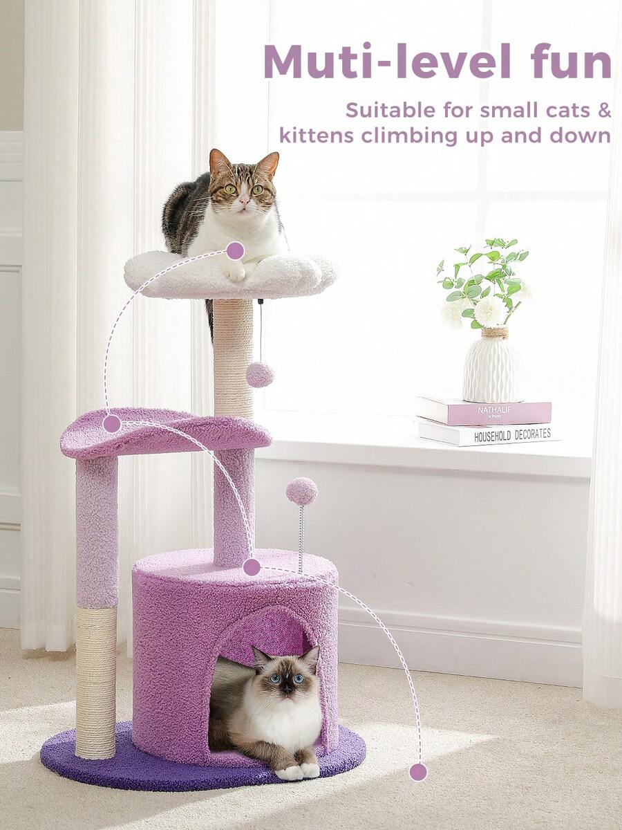 33-inch purple cat tree tower featuring a cozy cat condo, curved plush perch, natural sisal scratching post, and dangling toy ball for small cats.