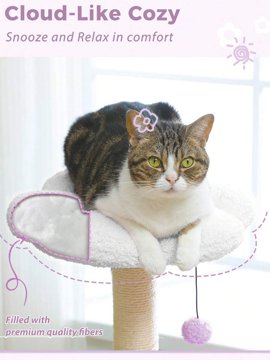 33-inch purple cat tree tower featuring a cozy cat condo, curved plush perch, natural sisal scratching post, and dangling toy ball for small cats.