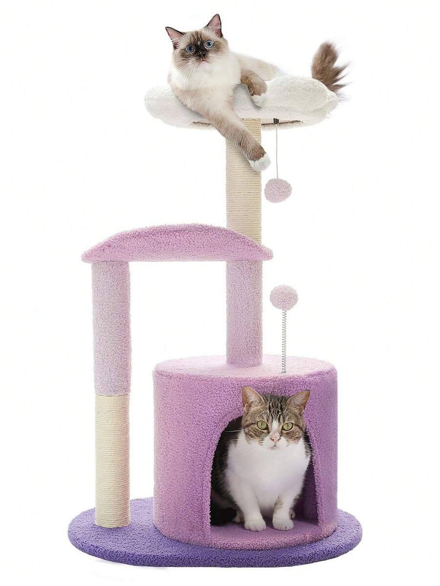33-inch purple cat tree tower featuring a cozy cat condo, curved plush perch, natural sisal scratching post, and dangling toy ball for small cats.