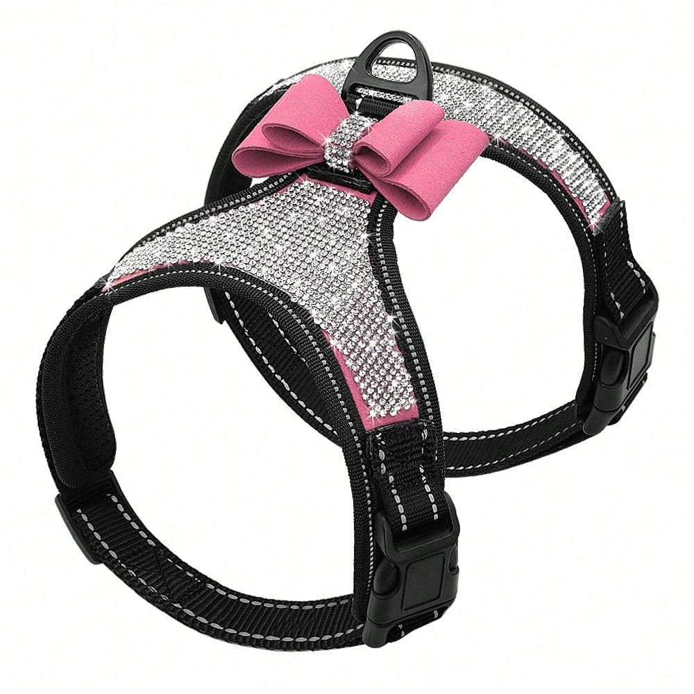 Pink reflective dog harness with rhinestone accents, adjustable straps, breathable design, and plush Korean style for dogs