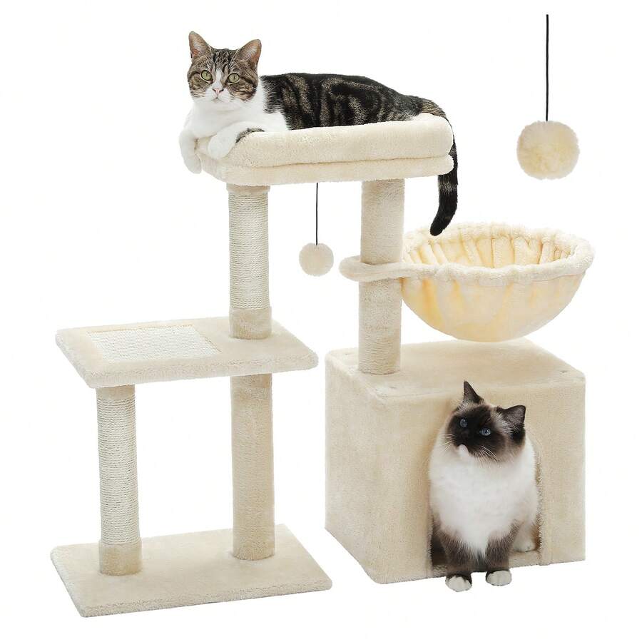 Beige 28.5-inch small cat tree for indoor cats featuring a removable top perch, deep hammock, cozy condo, and natural sisal scratching posts.