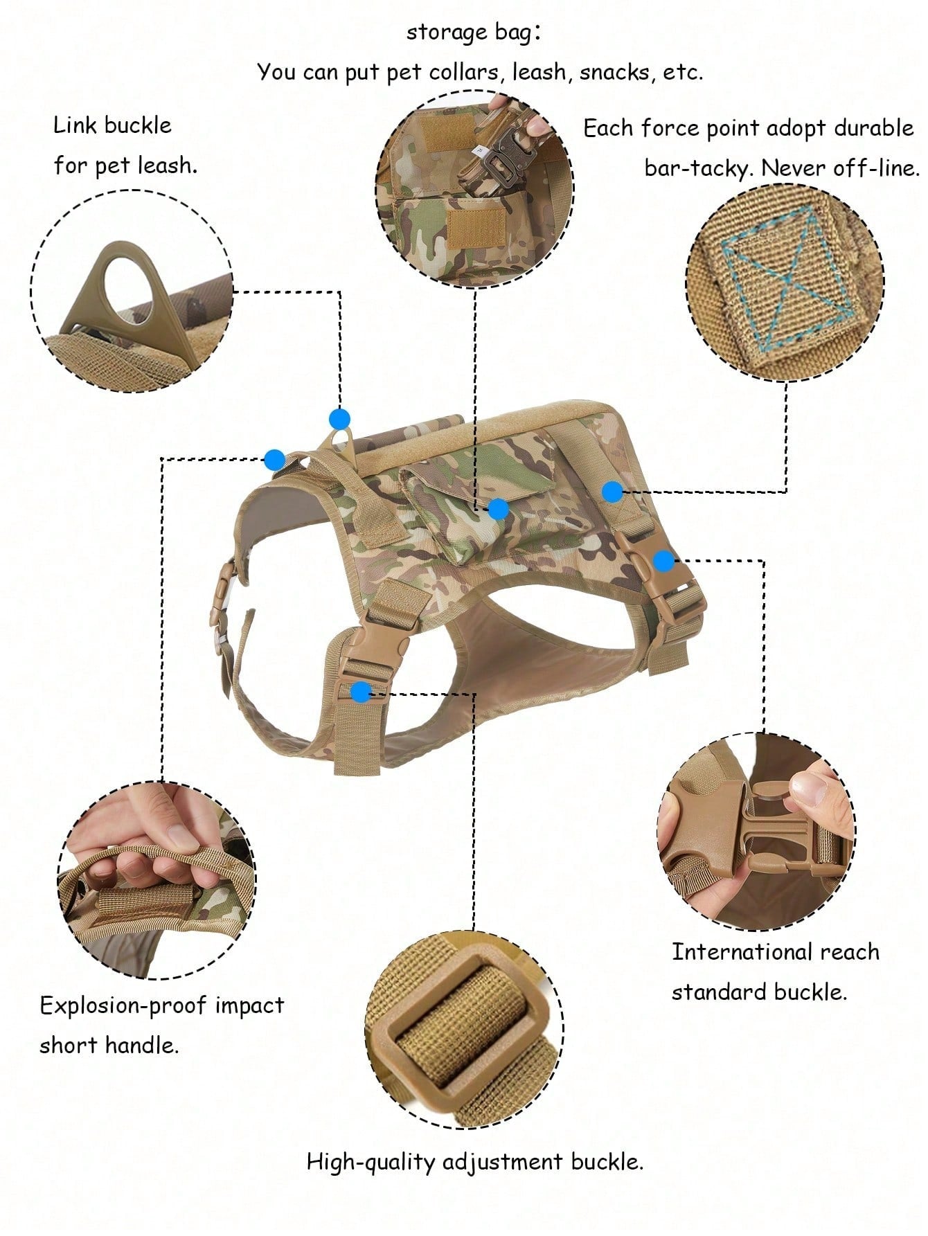 Camouflage tactical dog harness and leash set with pockets, adjustable collar and chest girth for small and medium dogs