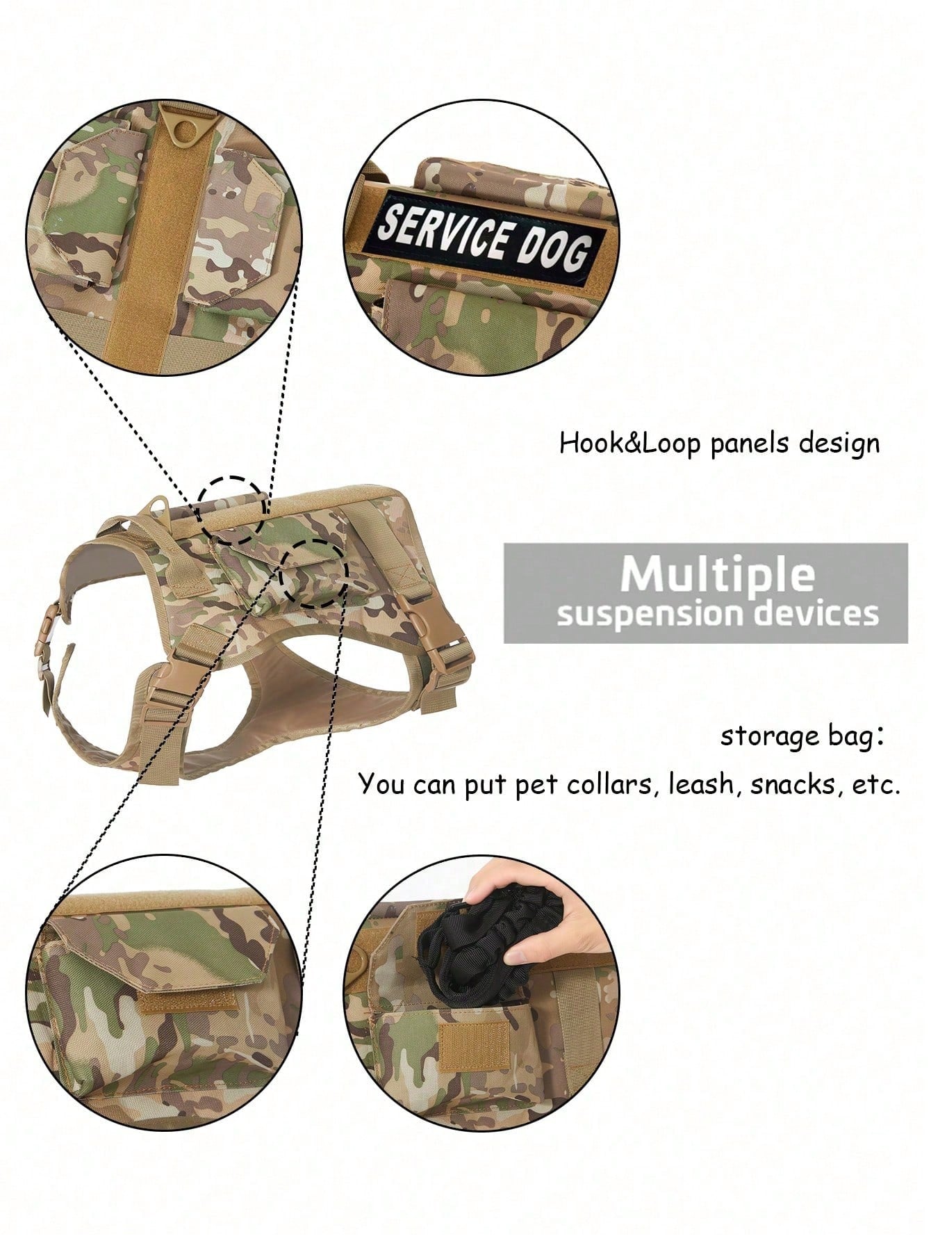 Camouflage tactical dog harness and leash set with pockets, adjustable collar and chest girth for small and medium dogs