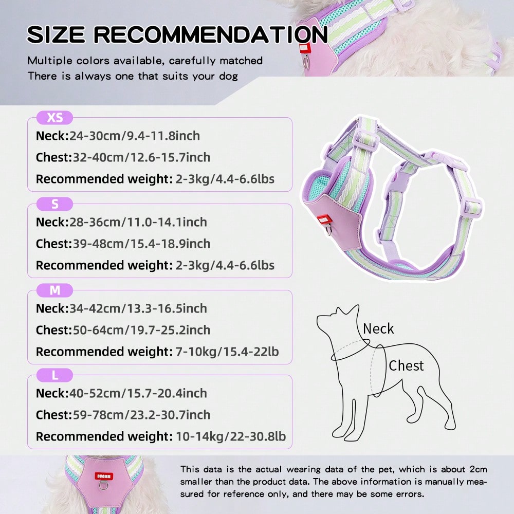 Multicolor reflective vest-style dog harness with padded adjustable straps and front and back leash attachment points for cats and dogs