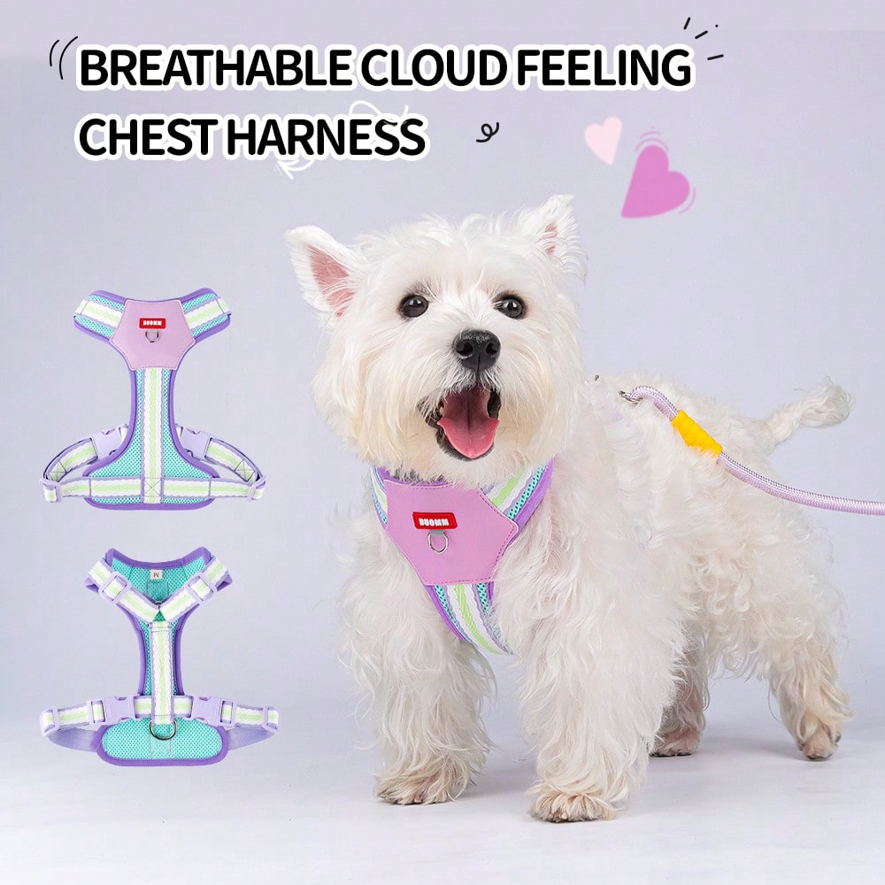 Multicolor reflective vest-style dog harness with padded adjustable straps and front and back leash attachment points for cats and dogs