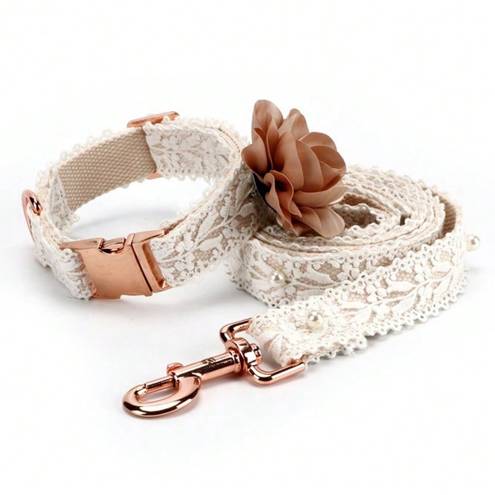 Beige polyester dog harness and leash set with lace flower detail and colorblock pattern for walking Teddy, Poodle, and other dogs