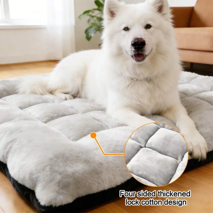 Black colorblock plaid flannel plush pet crate mat cushion with anti-slip bottom for dogs and cats