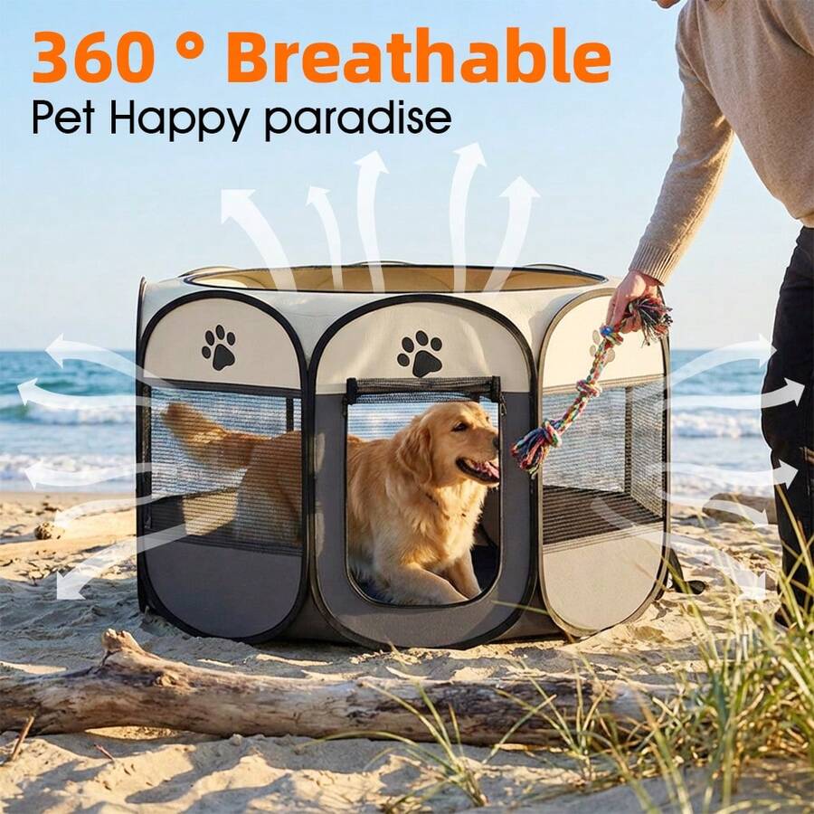 Grey octagonal pet playpen foldable portable enclosure for dogs and cats made of 100% polyester fabric.