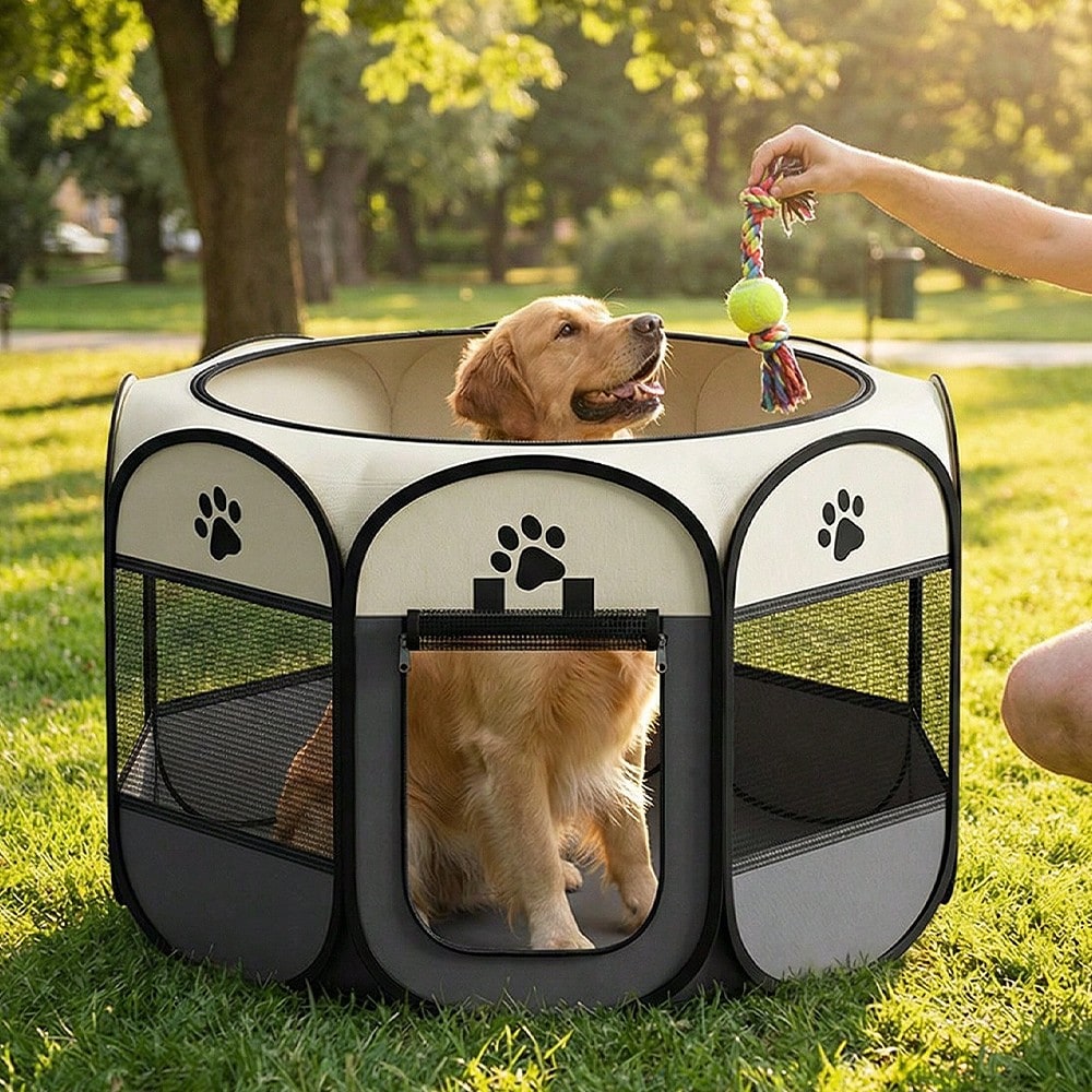 Grey octagonal pet playpen foldable portable enclosure for dogs and cats made of 100% polyester fabric.