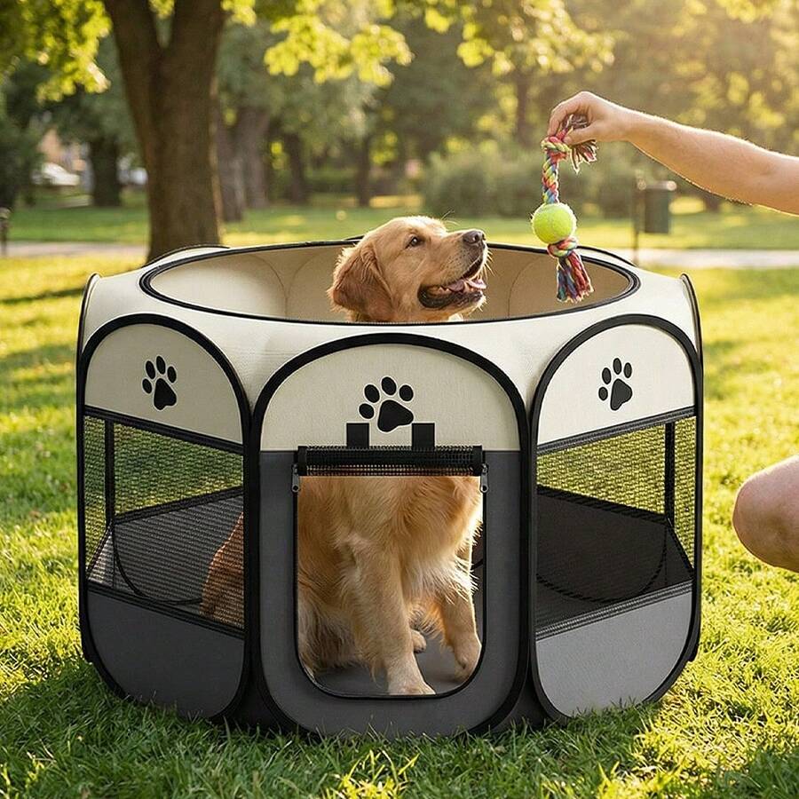 Grey octagonal pet playpen foldable portable enclosure for dogs and cats made of 100% polyester fabric.