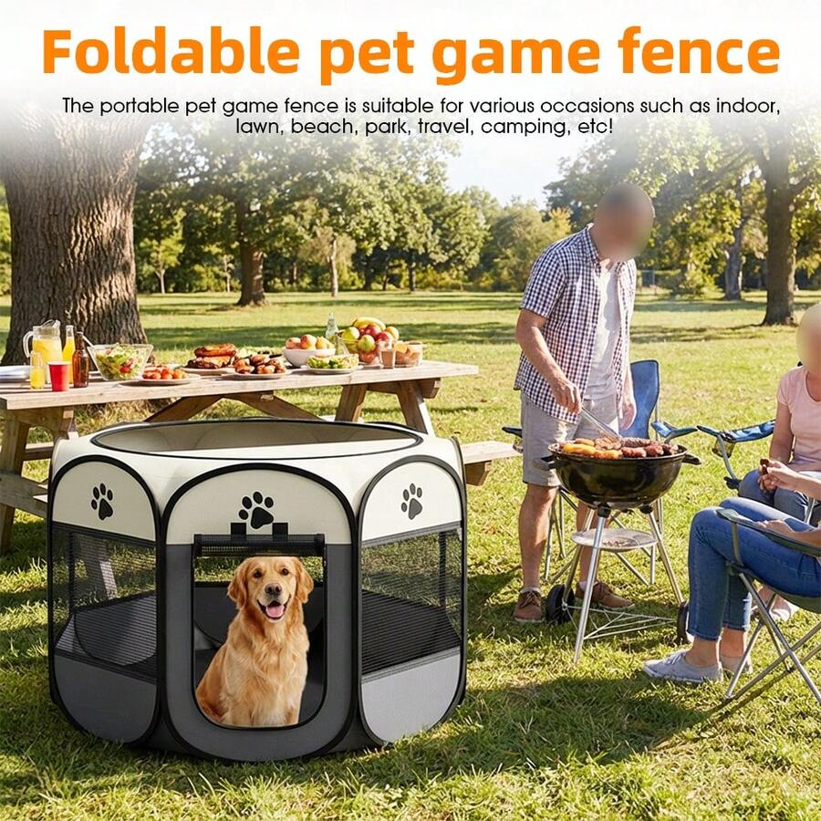 Grey octagonal pet playpen foldable portable enclosure for dogs and cats made of 100% polyester fabric.