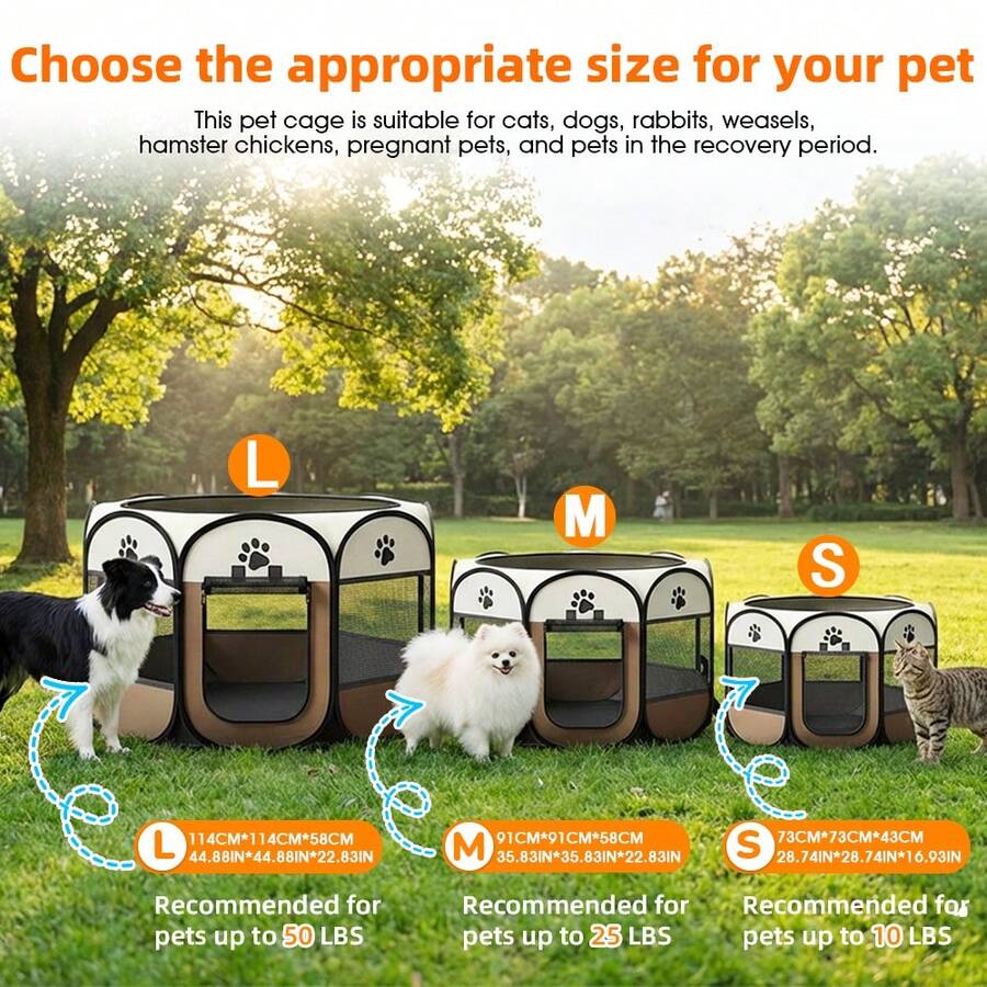 Grey octagonal pet playpen foldable portable enclosure for dogs and cats made of 100% polyester fabric.
