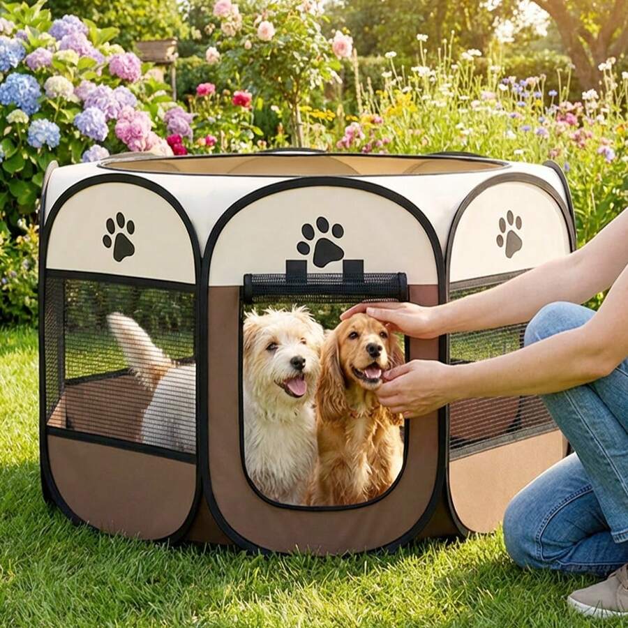 Grey octagonal pet playpen foldable portable enclosure for dogs and cats made of 100% polyester fabric.