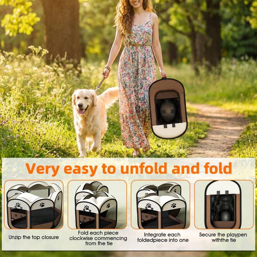 Grey octagonal pet playpen foldable portable enclosure for dogs and cats made of 100% polyester fabric.