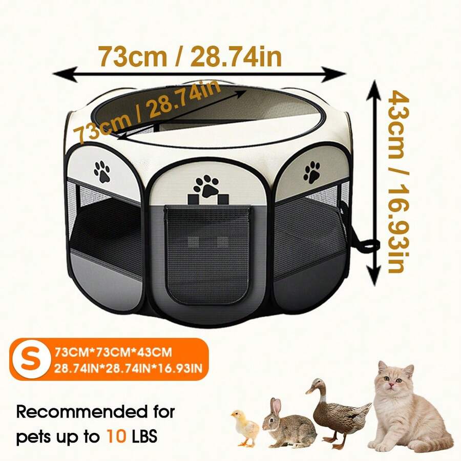 Grey octagonal pet playpen foldable portable enclosure for dogs and cats made of 100% polyester fabric.