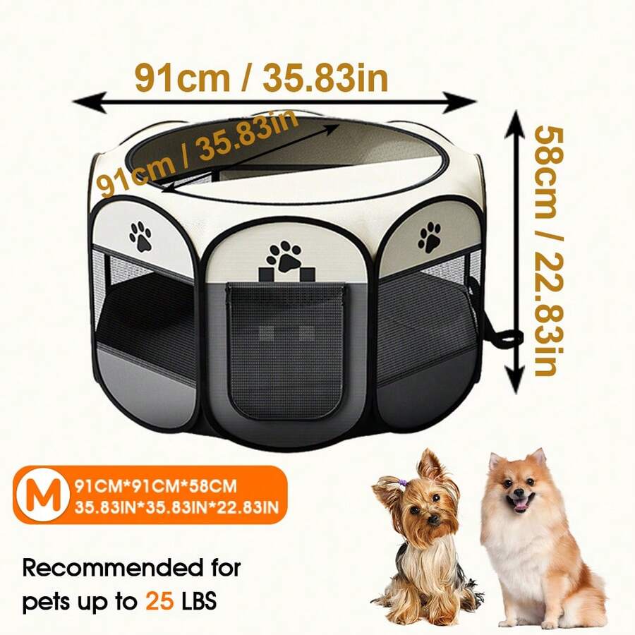 Grey octagonal pet playpen foldable portable enclosure for dogs and cats made of 100% polyester fabric.