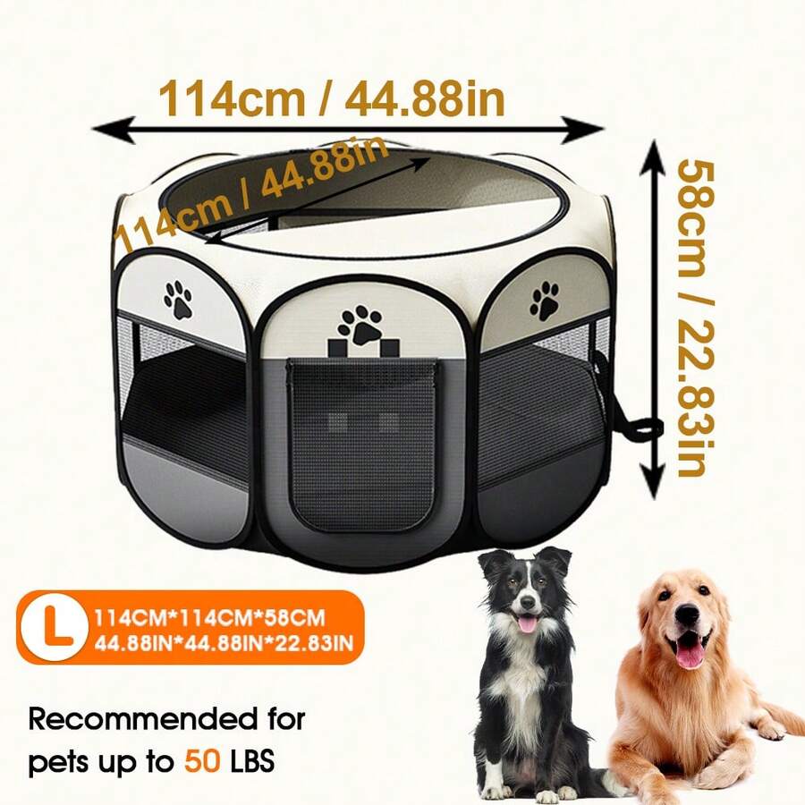 Grey octagonal pet playpen foldable portable enclosure for dogs and cats made of 100% polyester fabric.