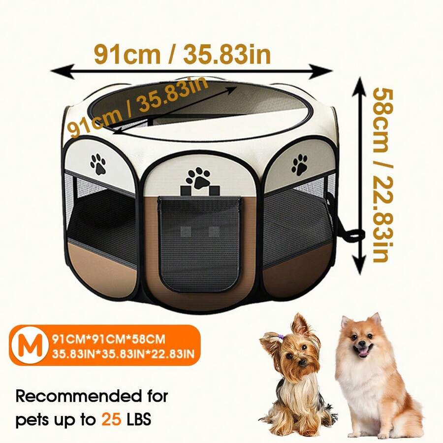 Grey octagonal pet playpen foldable portable enclosure for dogs and cats made of 100% polyester fabric.