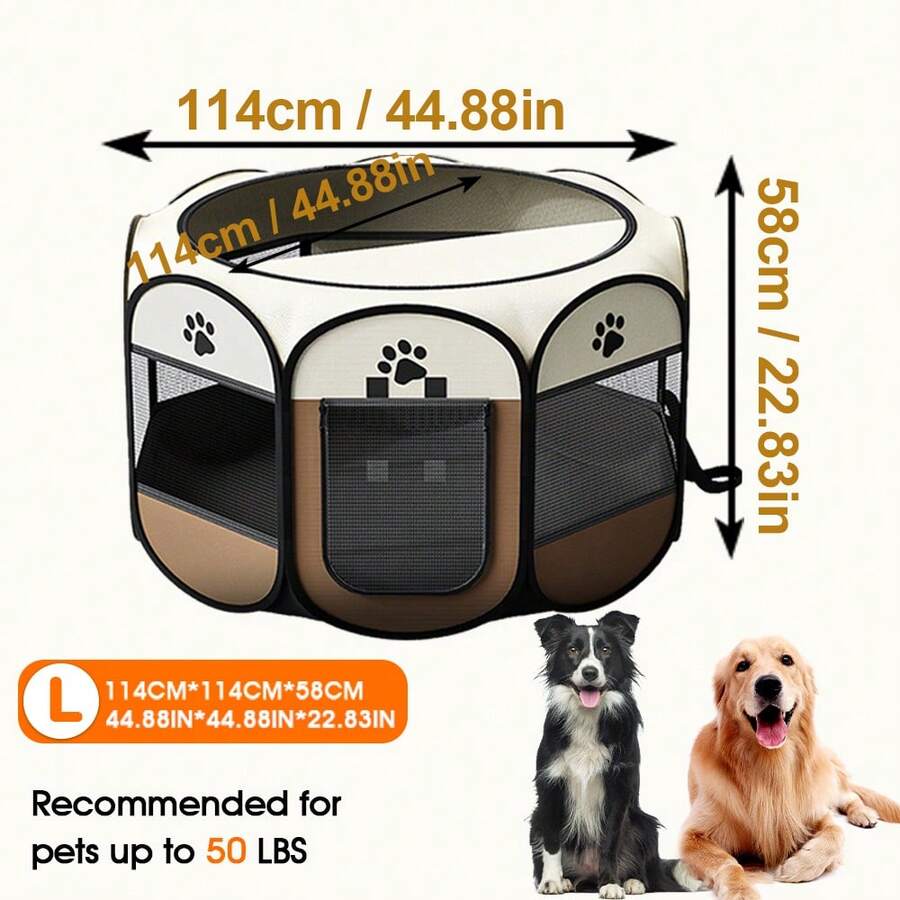 Grey octagonal pet playpen foldable portable enclosure for dogs and cats made of 100% polyester fabric.
