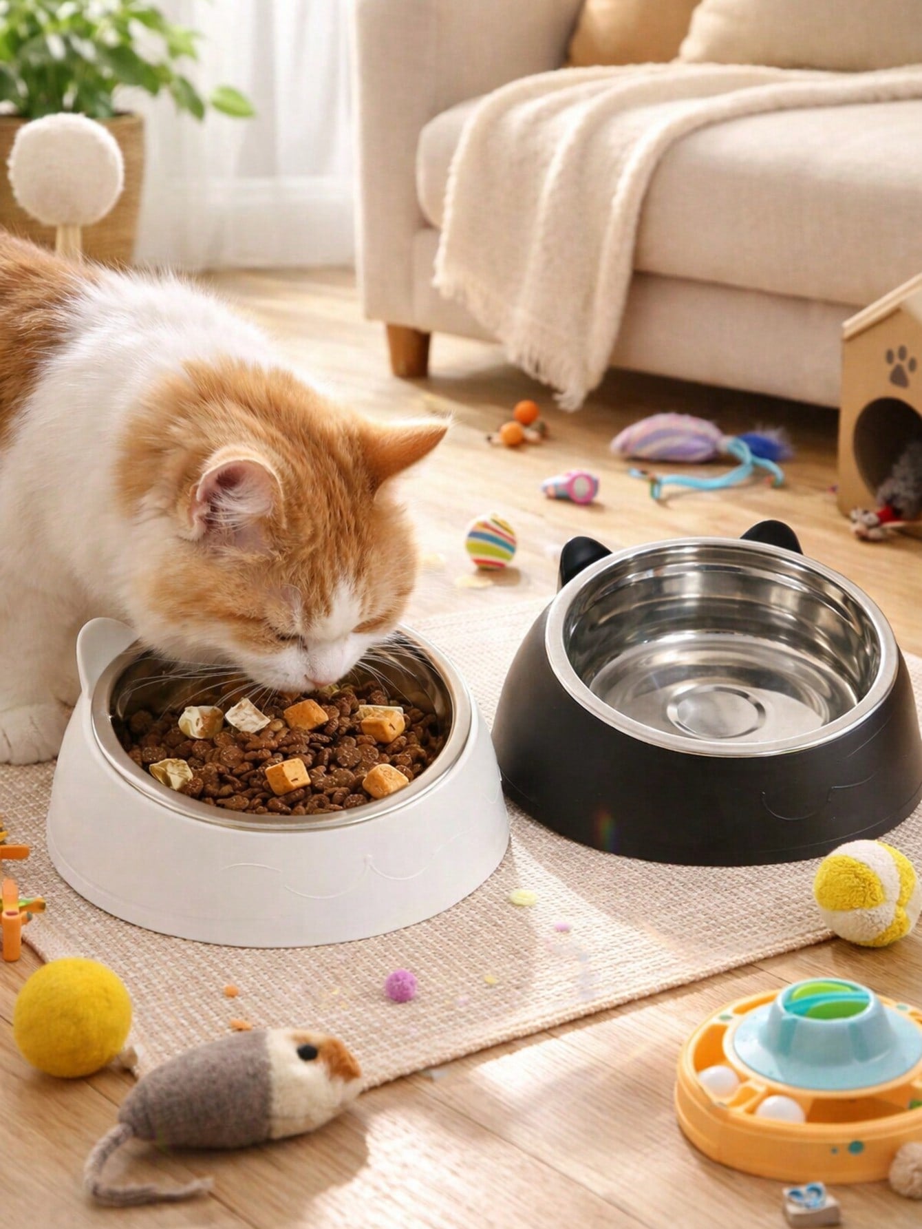 15° Detachable & Washable Cute Cat Design Stainless Steel Pet Cat Bowl With Tilted Neck Protection. Anti-Vomiting 15 Degree Inclined Cat Basin, Stable Base, Not Easy To Overturn, Pet Drinking Or Feeding Station, Cat Supplies, Cat Food Bowl, Cat Bowl Set