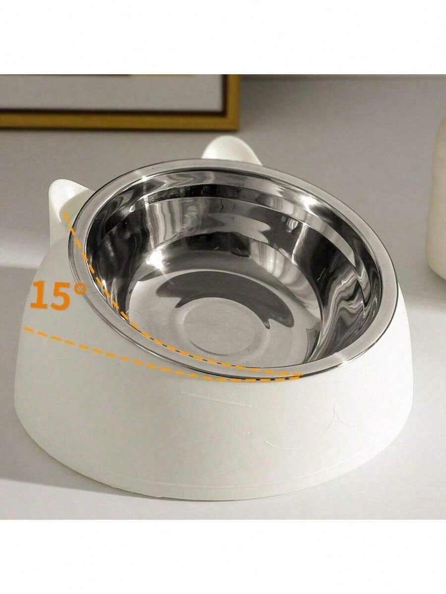 15° Detachable & Washable Cute Cat Design Stainless Steel Pet Cat Bowl With Tilted Neck Protection. Anti-Vomiting 15 Degree Inclined Cat Basin, Stable Base, Not Easy To Overturn, Pet Drinking Or Feeding Station, Cat Supplies, Cat Food Bowl, Cat Bowl Set