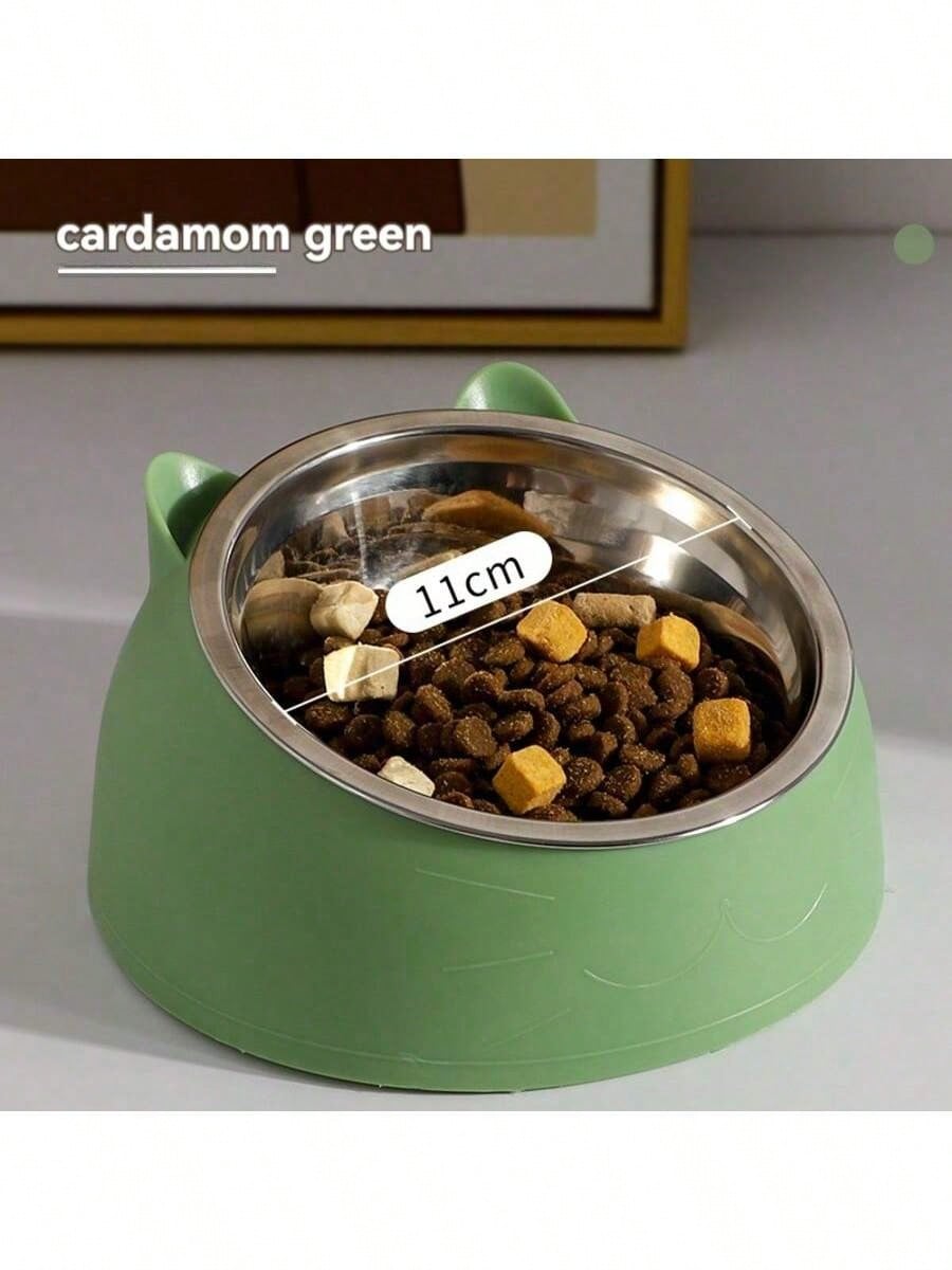 15° Detachable & Washable Cute Cat Design Stainless Steel Pet Cat Bowl With Tilted Neck Protection. Anti-Vomiting 15 Degree Inclined Cat Basin, Stable Base, Not Easy To Overturn, Pet Drinking Or Feeding Station, Cat Supplies, Cat Food Bowl, Cat Bowl Set