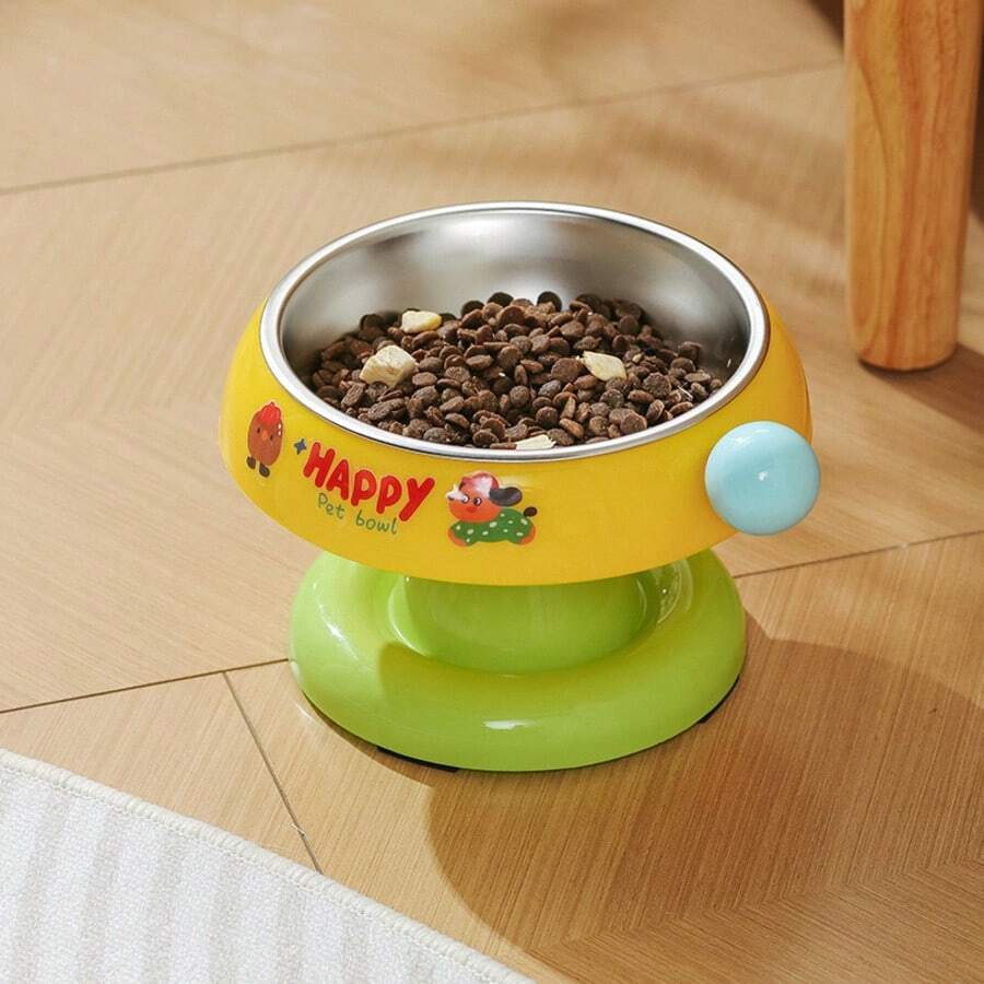 Elevated pet food bowl with cute cartoon style design, stainless steel lining, PP stand, and anti-slip base for cats and dogs.