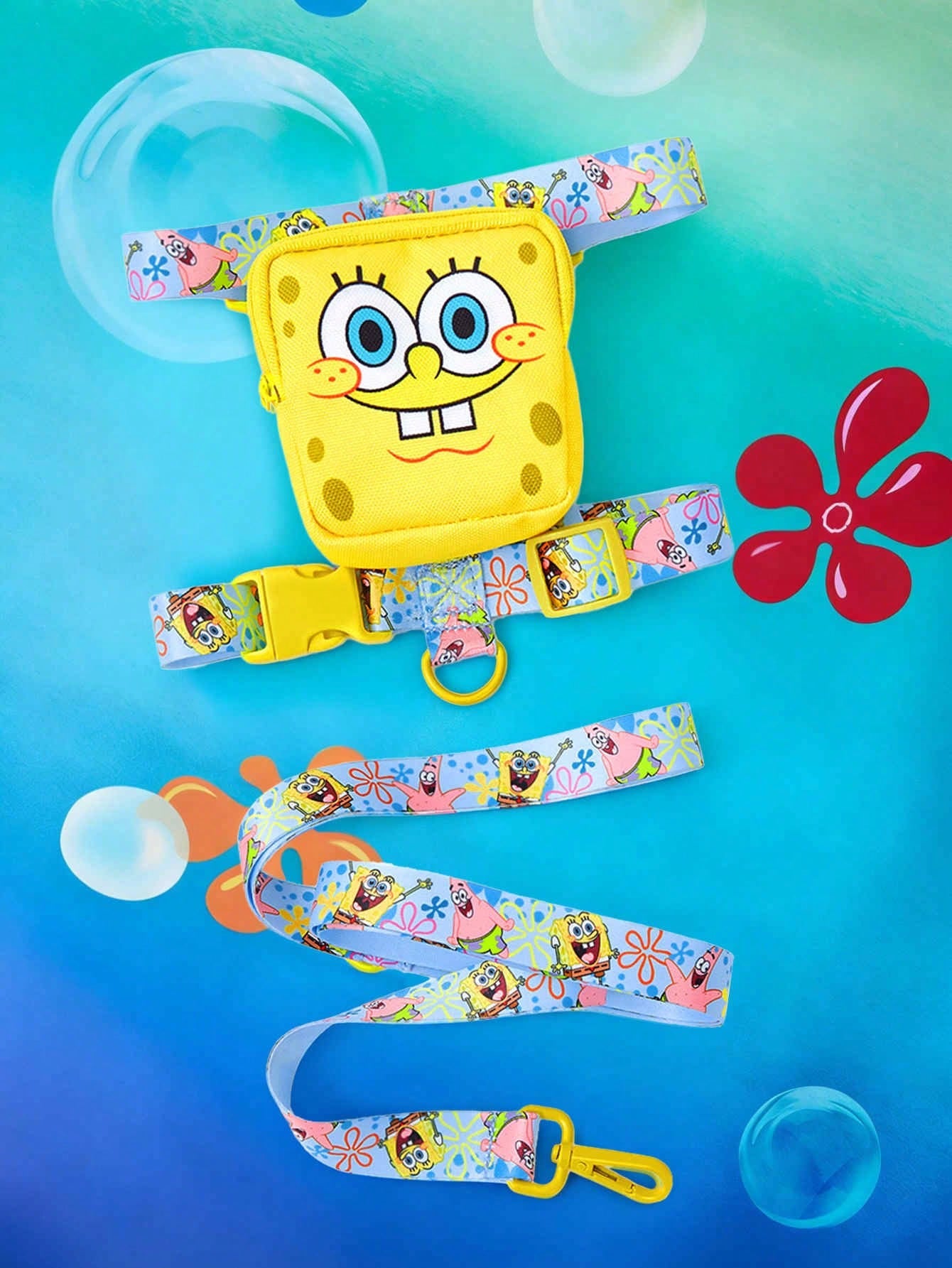 Multicolor cartoon pattern pet collar and leash set with adjustable polyester straps and portable storage bag for cats and dogs