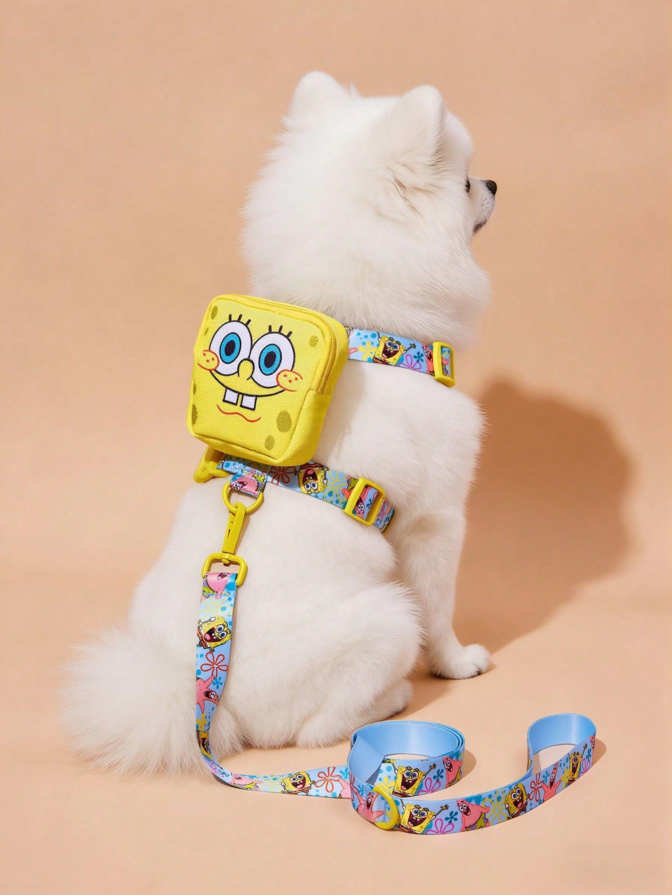 Multicolor cartoon pattern pet collar and leash set with adjustable polyester straps and portable storage bag for cats and dogs