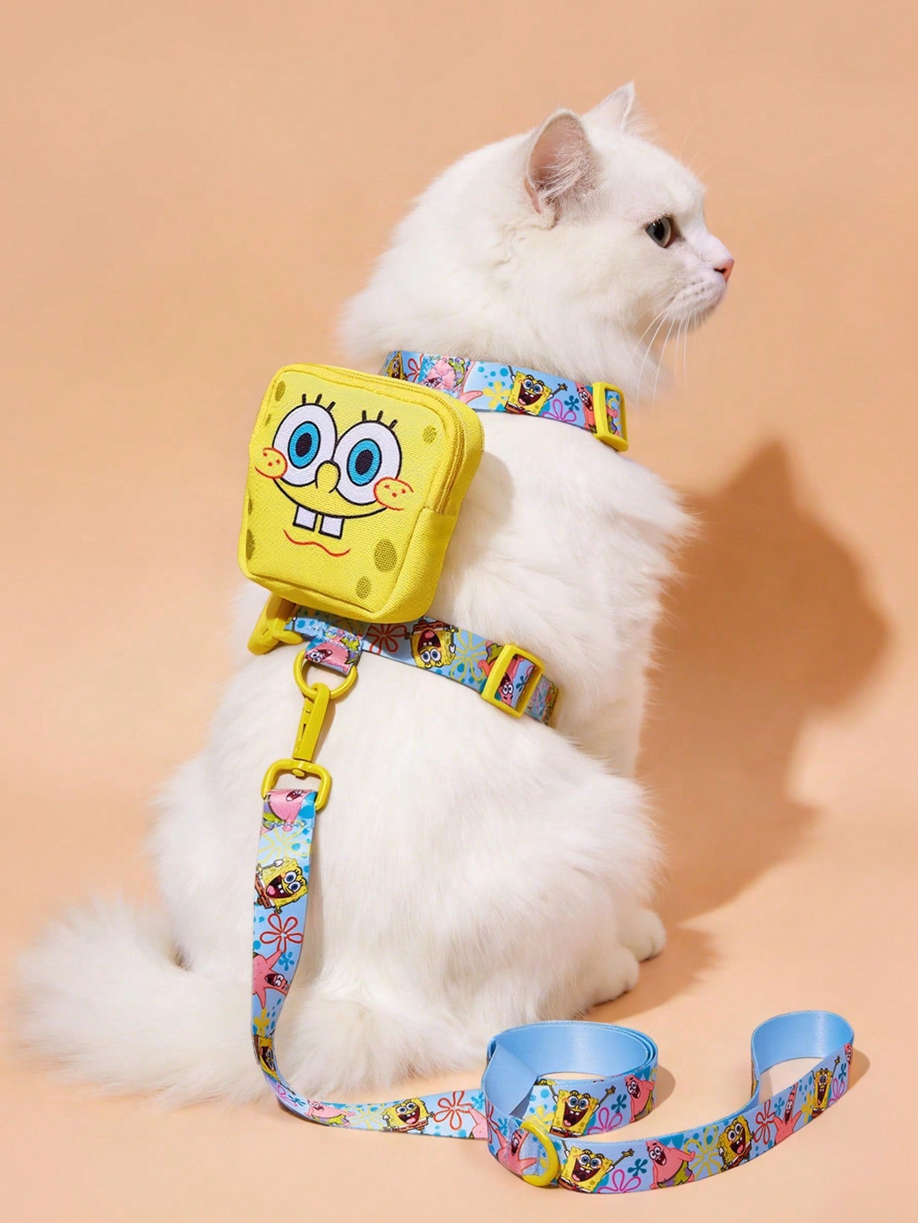 Multicolor cartoon pattern pet collar and leash set with adjustable polyester straps and portable storage bag for cats and dogs