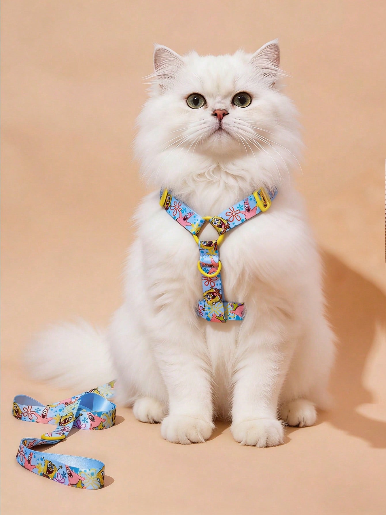 Multicolor cartoon pattern pet collar and leash set with adjustable polyester straps and portable storage bag for cats and dogs